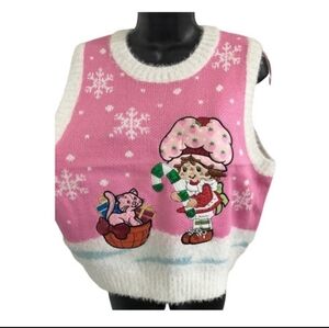 Strawberry shortcake snowflake cat sequin candycane sweater vest size Medium new
